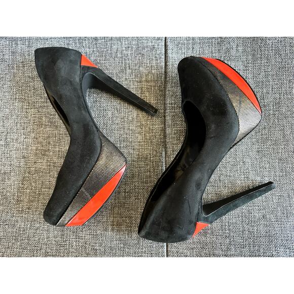 Jessica Simpson JS by Jessica black suede orange & gold accent pump heels - Picture 2 of 4